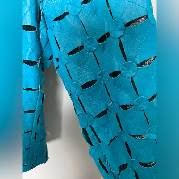 Women’s Akhesa Black Mesh Blue Leather Fitted Moto Jacket SZ M - Picture 4 of 8